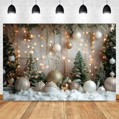 an image of christmas decorations on the wall with lights in the background and snow around them