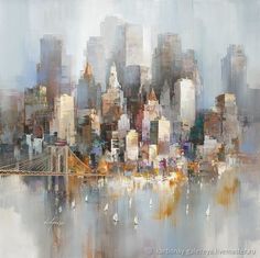 an abstract painting of a cityscape with sailboats in the water