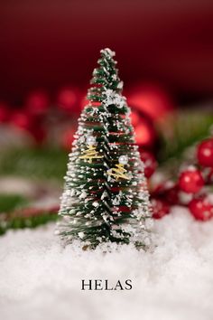 a small christmas tree sitting in the snow