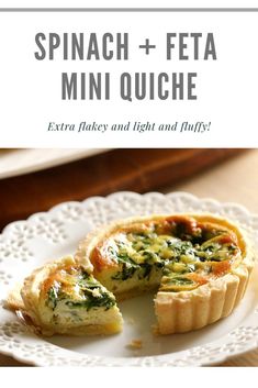 spinach and feta mini quiche on a white plate with text overlay