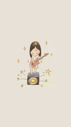 a drawing of a boy playing the guitar on top of a speaker with stars around him