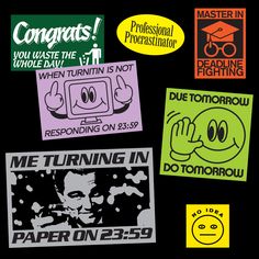 various stickers on a black background with words