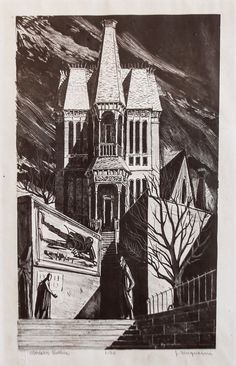 a black and white drawing of an old building with steeples on the top floor