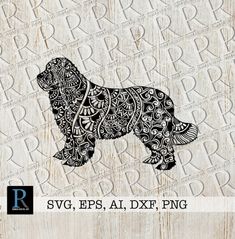 a black and white dog with ornate patterns on it