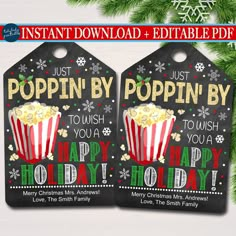 two christmas gift tags with popcorn on them