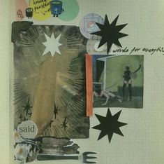 an altered page with black and white photos, stars, and words on it's cover