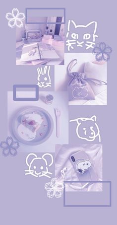 various pictures of different items on a purple and white background with the words hello kitty written below them