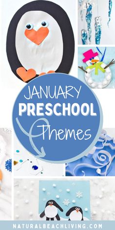 the words january preschool themes are shown in blue and white with penguins, snowflakes,