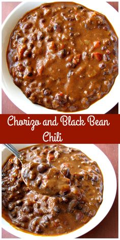 two bowls filled with chili and beans on top of a table