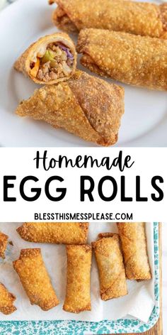 homemade egg rolls on a plate with text overlay