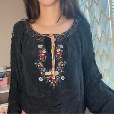 Bella Swan Alt Color Black Betsey Johnson Embroidered Longsleeve Floral Blouse Size - P Flaws - None This Was Pre Loved / Gently Used. If You Would Like Measurements Please Let Me Know. All Clothing Has Been Washed And Will Be Lint Rolled / Stain Removed Before Shipping. I Ship Same / Next Day. If You Have Any Questions Feel Free To Ask. Feel Free To Make An Offer As Well! Tags Bella Bella Swan Twilight Vampire Grunge Fairy Coquette Indie Cottage Core Cottagecore Fairycore Fairygrunge Y2k Vintag Festive Long Sleeve Top With Floral Embroidery, Floral Embroidered Long Sleeve Top For Festivals, Festive Long Sleeve Embroidered Top With Floral Embroidery, Festive Long Sleeve Floral Embroidered Top, Festive Black Embroidered Top With Floral Details, Festive Black Embroidered Floral Top, Festive Black Floral Embroidered Top, Black Festive Blouse For Spring, Festive Long Sleeve Embroidered Top With Floral Design