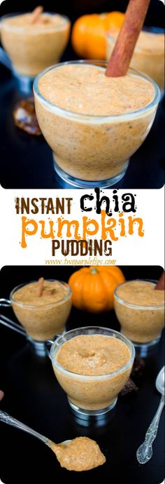 pumpkin pudding in small glass bowls with cinnamon stick sticking out of the top and an orange on the side