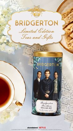 an advertisement for bridgerton tea and gifts