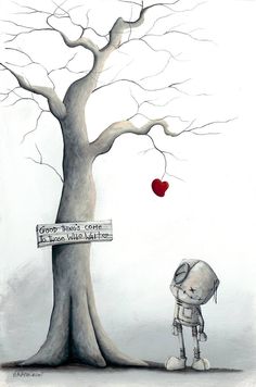 a drawing of a person standing next to a tree with a red heart on it