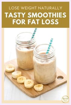 two mason jars filled with smoothie and banana slices