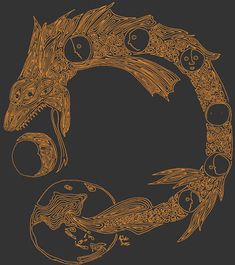 an orange and black drawing of a dragon in the shape of a circle on a dark background