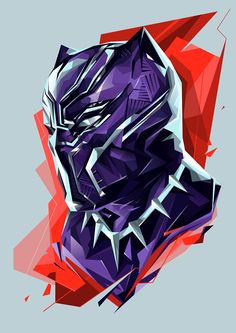 a stylized image of a purple and red mask on a gray background with geometric shapes