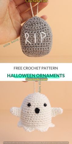 two crocheted halloween ornaments, one with a ghost and the other with a bat