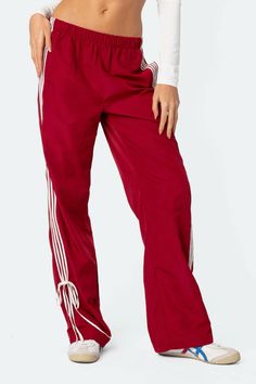 Track Pants Outfit, Visionary Fashion, Track Pants Women, Bow Ribbon, Red Pants, Gameday Outfit, Ribbon Tie, Side Stripe, Pants Outfit