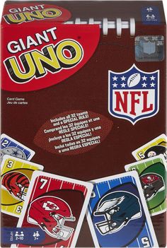 the nfl giant uno card game is in its box with footballs and helmets on it