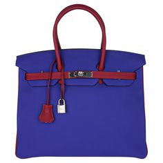 Mightychic offers an Hermes Birkin HSS 35 bag featured in an exotic creation of vivid Bleu Electric and rich Rouge Grenat. This Hermes Birkin special order is fresh with palladium hardware. Created in Togo leather which is scratch resistant. Comes with lock, keys, clochette, sleepers, raincoat and signature Hermes box. NEW or NEVER WORN. final sale BAG MEASURES: LENGTH 35 cm / 14" TALL 28 cm / 11" DEEP 18 cm / 7" HANDLES: TALL 5" CONDITION: NEW or NEVER WORN Evening Bags With Lock In Epsom Leather, Evening Epsom Leather Bag With Lock, Red Epsom Leather Rectangular Bag, Red Rectangular Epsom Leather Bag, Top Handle Bags In Epsom Leather With Lock, Top Handle Epsom Leather Bag With Lock, Epsom Leather Top Handle Bags With Lock, Epsom Leather Bags With Lock For Everyday Use, Luxury Purple Bags With Leather Handles