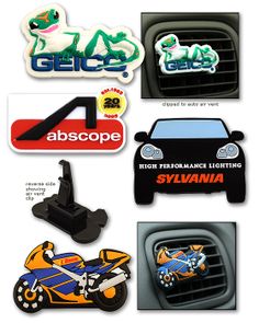 various stickers and decals on the dashboard of a car, including an air vent