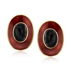 Ross-Simons - C. 1950 Vintage Onyx, Carnelian Clip-On Earrings in 14kt Yellow Gold. C. 1950. Delivering unmatched sophistication and eye-catching appeal, these Retro-era earrings from our Estate collection are just the thing you need to make a statement at your next formal event. Features 15.5x11.5mm oval onyx cabochons showcasing smooth, shiny surfaces inside borders of 29x20mm carved carnelian ovals that emulate a warm shade of mahogany. Crafted in 14kt yellow gold. Clip-on, carnelian and onyx Formal Enamel Clip-on Earrings, Classic Black Enamel Earrings For Anniversary, Vintage Formal Clip-on Earrings With Polished Finish, Classic Enamel Earrings For Formal Occasions, Classic Formal Enamel Earrings, Oval Cabochon Earrings For Evening, Vintage Clip-on Earrings With Polished Finish For Anniversary, Vintage Style Clip-on Earrings With Polished Finish For Anniversary, Anniversary Vintage Clip-on Earrings With Polished Finish