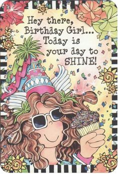 a birthday card with an image of a woman eating a cupcake and wearing sunglasses