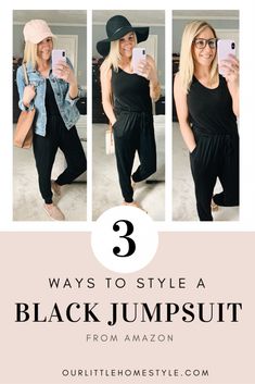 3 Ways to Style a Black Jumpsuit from Amazon | ourlittlehomestyle.com How To Style A Black Jumpsuit, Style A Black Jumpsuit, Long Romper Outfit, Romper Outfit Pants, Black Romper Pants, Pant Romper Outfit, Cute Jean Jackets, Black Sleeveless Jumpsuit, On Date