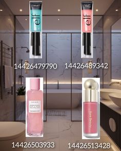 three different types of beauty products displayed in front of a bathroom sink and mirror with the same price