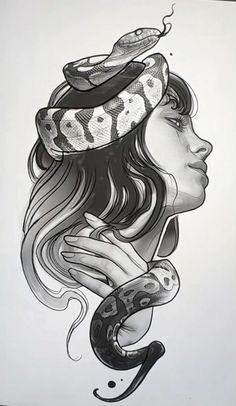 a drawing of a woman with a snake on her head and a hat on her head