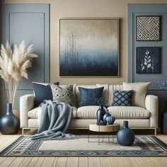 a living room filled with furniture and decor on top of a hard wood floored floor