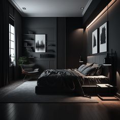 a bedroom with black walls and wooden floors