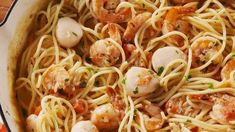 pasta with shrimp and garlic in a pan