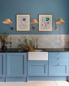 a kitchen with blue cabinets and artwork on the wall above the sink is decorated with plants