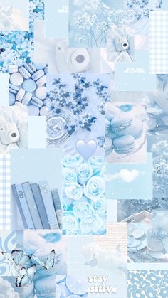 a collage of blue and white images