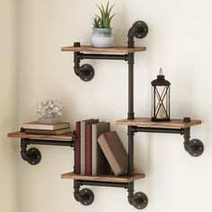 two bookshelves with some books on them and a plant in a vase next to them