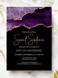 a purple and black birthday party card with gold foil on the edges, featuring an abstract marble