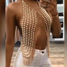 Sexy exaggerated pearl tassel chest chain - rrdeye Body Necklace Chain, Beach Party Dress, Gold Body Chain, Shoulder Necklace, Chain Bra, Body Chains, Backless Top, Body Chain Jewelry, Bustiers