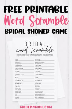 the free printable word scramble bridal shower game is on top of a white table