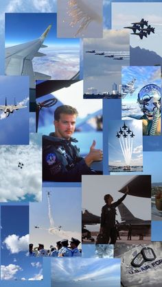 a collage of many different pictures with planes in the sky