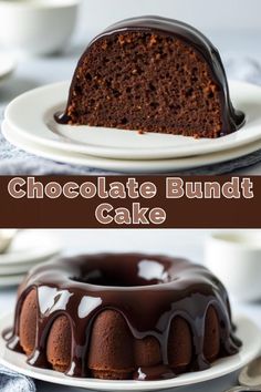 a chocolate bundt cake on a plate with one slice cut out