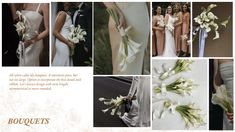 a collage of photos with white flowers and bride's bouquets on them