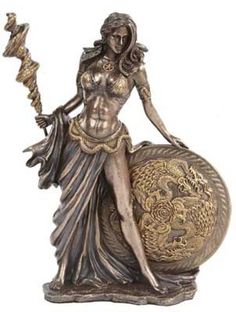 The powerful prophetess and wife of Odin, Frigga is shown here with a mighty staff and shield. Cold cast resin. 9 1/2" x 7 1/2" x 2 3/4" Holding Spear, Norse Goddess, Athena Goddess, Goddess Statue, Mother Goddess, Bronze Statue, Norse Mythology, Bronze Color