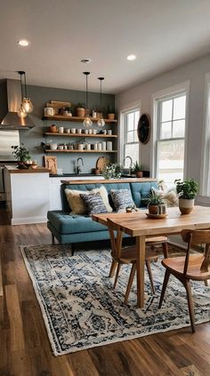 a living room filled with furniture next to a kitchen and dining room table on top of a rug