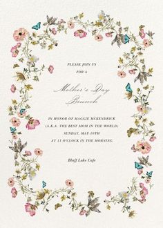 a wedding card with flowers and butterflies in the center, on white paper that says please join us for a mother's day