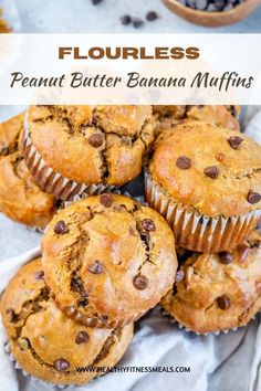 banana muffins with chocolate chips on top and the words flourless peanut butter banana muffins