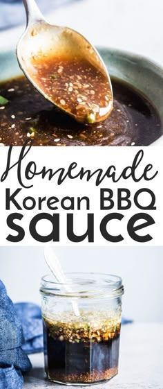 homemade korean bbq sauce in a glass jar with a spoon on the side and an image of a wooden spoon