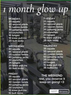 an image of a gym schedule with the words, month - by - month glow up