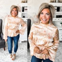 Happiest Times Blouse Fall Bell Sleeve Blouse For Day Out, Bell Sleeve Blouse For Day Out In Fall, Fall Brunch Bell Sleeve Blouse, Bell Sleeve Blouse For Fall Day Out, Flowy Blouse With Smocked Back For Fall, Spring Stretch Blouse With Blouson Sleeves, Spring Blouse With Blouson Sleeves And Stretch, Flowy Blouse With Elastic Sleeves, Long Sleeve Flowy Blouse With Smocked Back